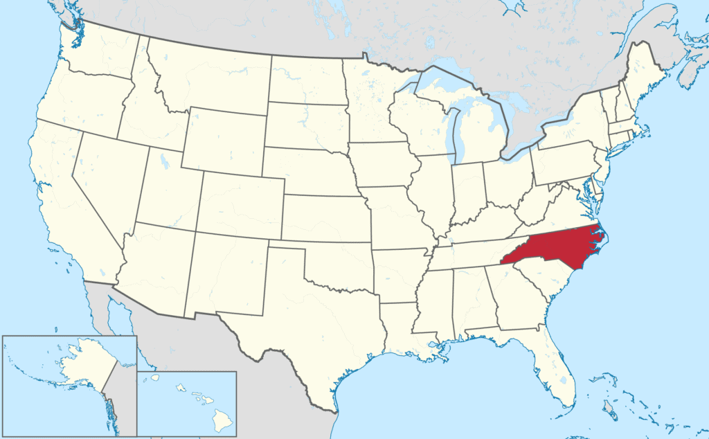 Map of the USA with North Carolina highlighted in red