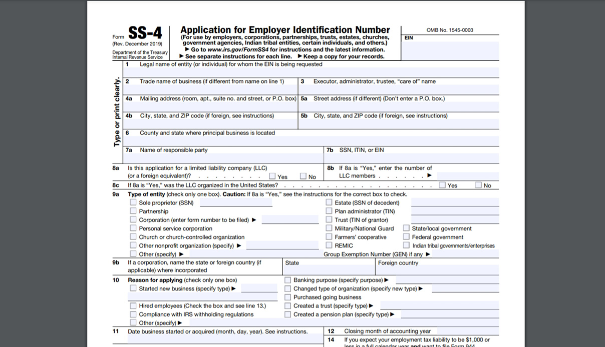 IRS Form SS-4 Getting an EIN.