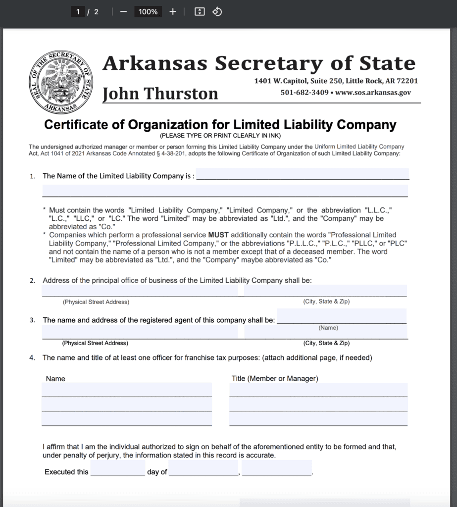 Arkansas Certificate of Formation