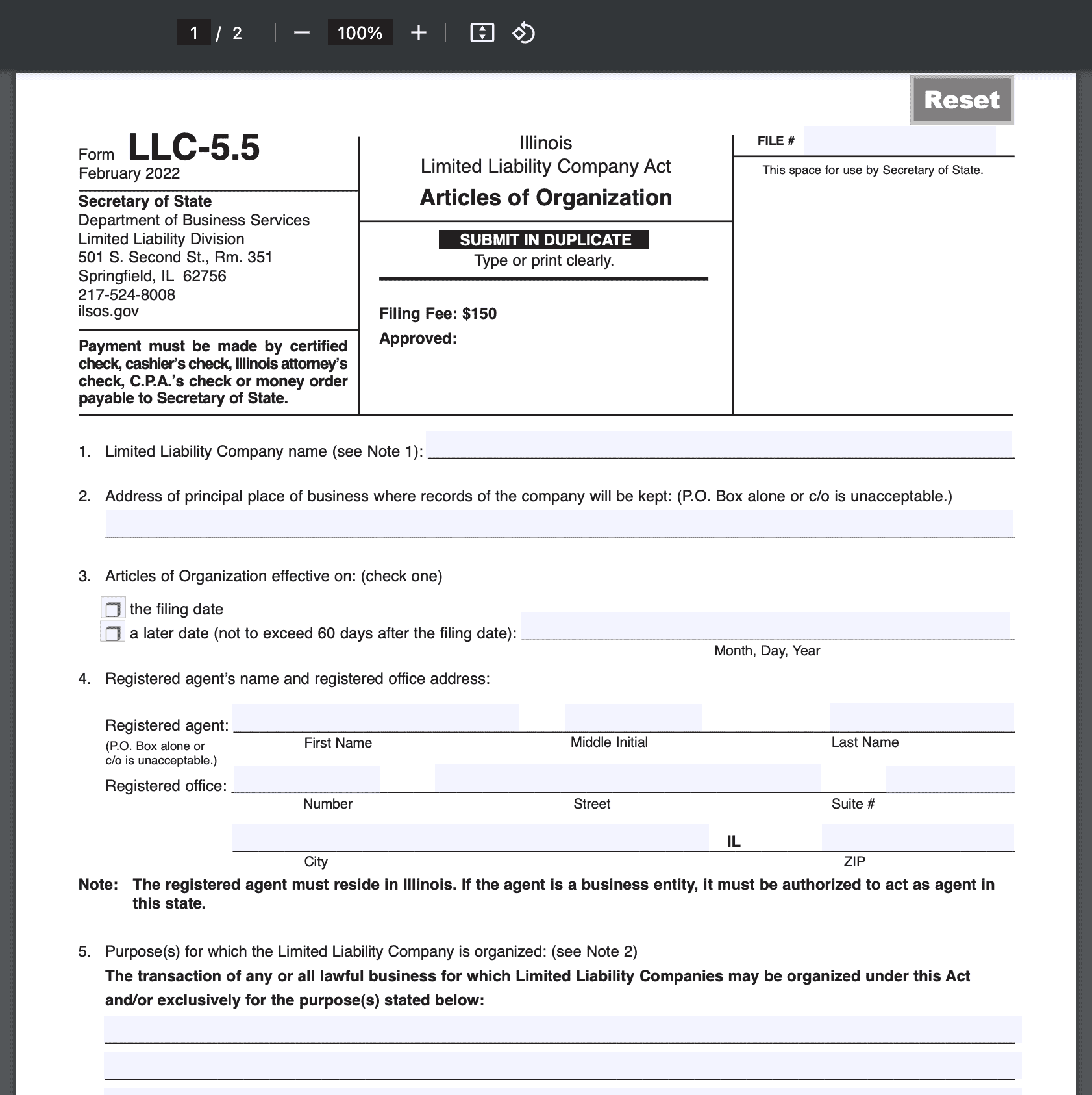 Articles of Organization Illinois