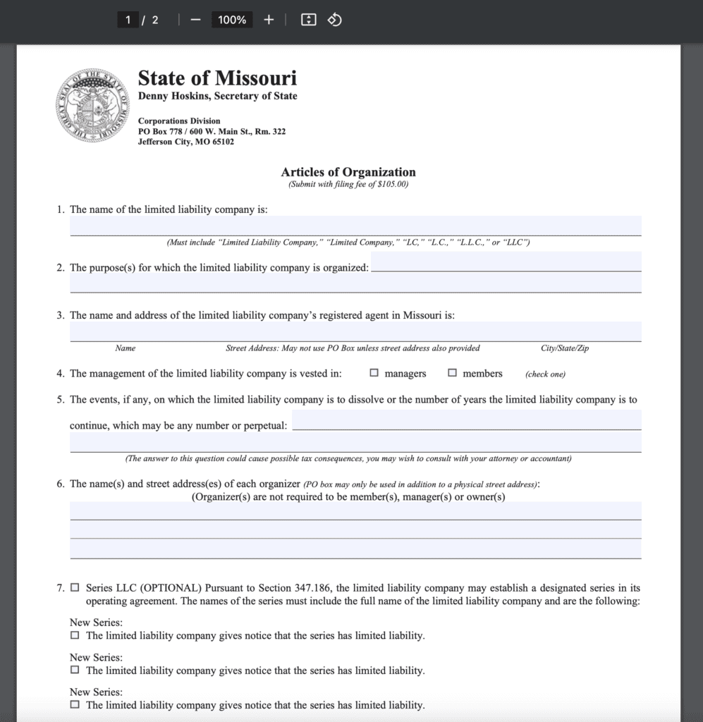 Articles of Organization - Missouri