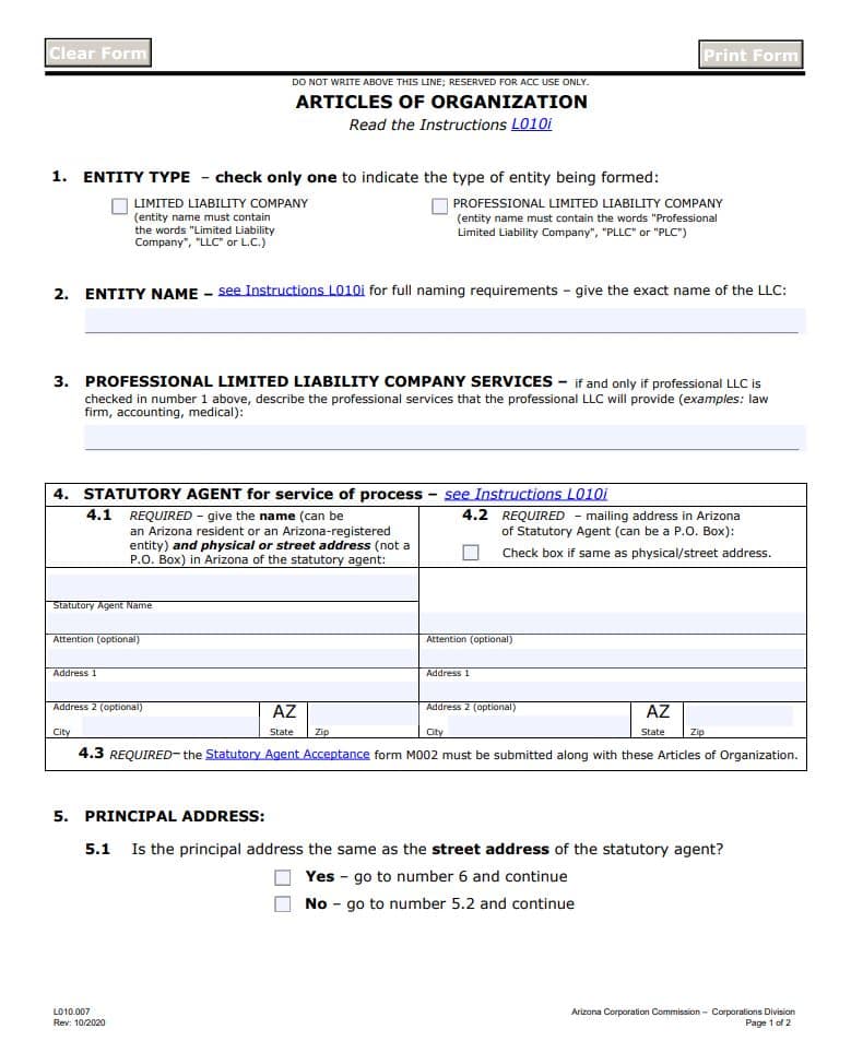 Articles of Organization in Arizona