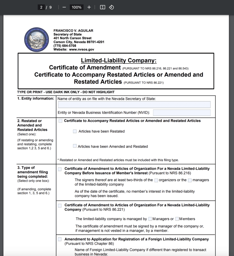 LLC Certificate of Amendment