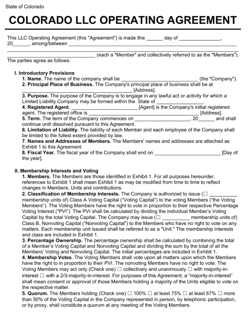 Colorado Operating Agreement Template