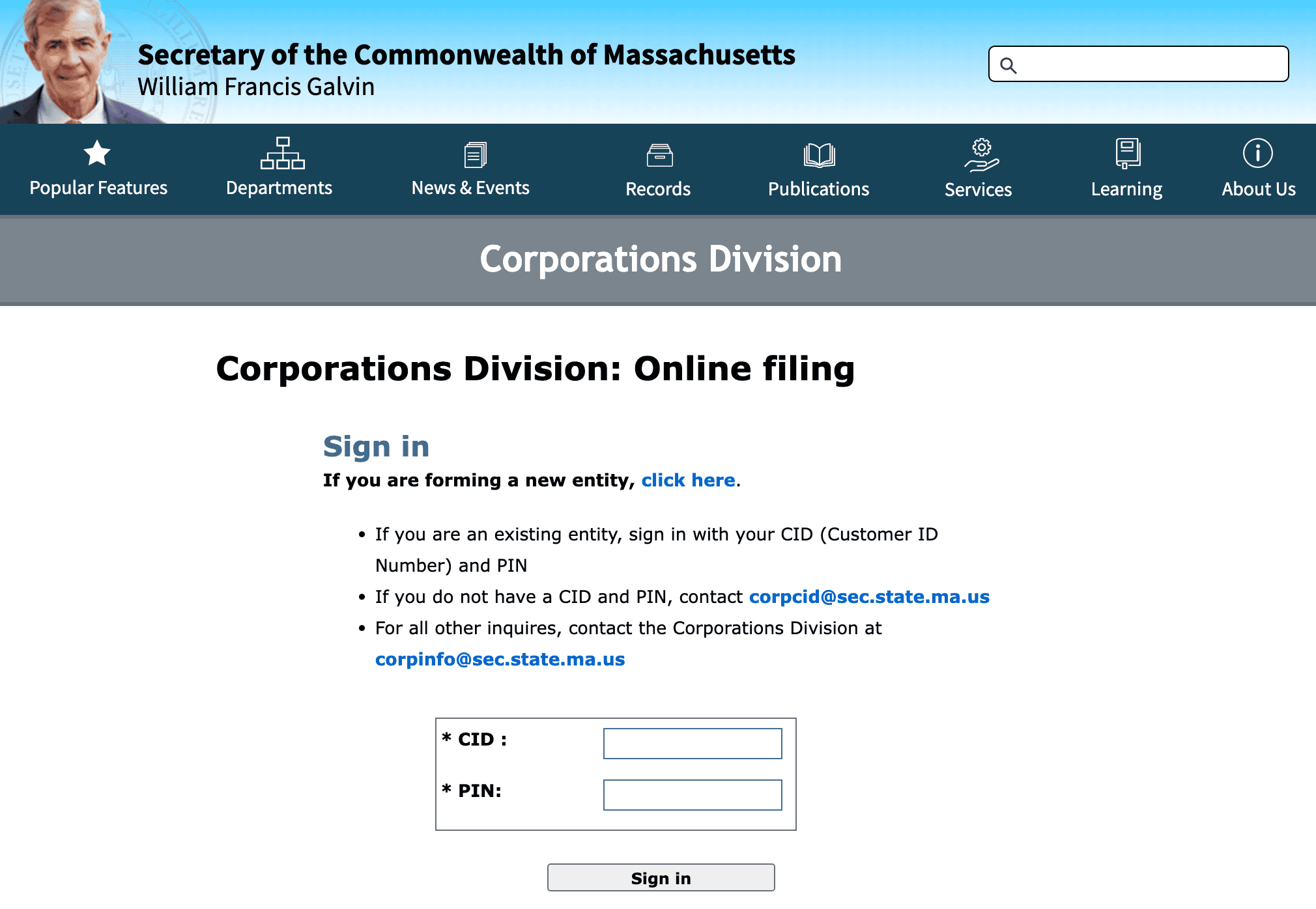 Corporations Division Online Filing System in Massachusetts