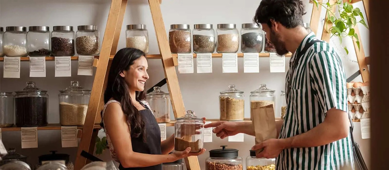 Female business owner talks to customer 