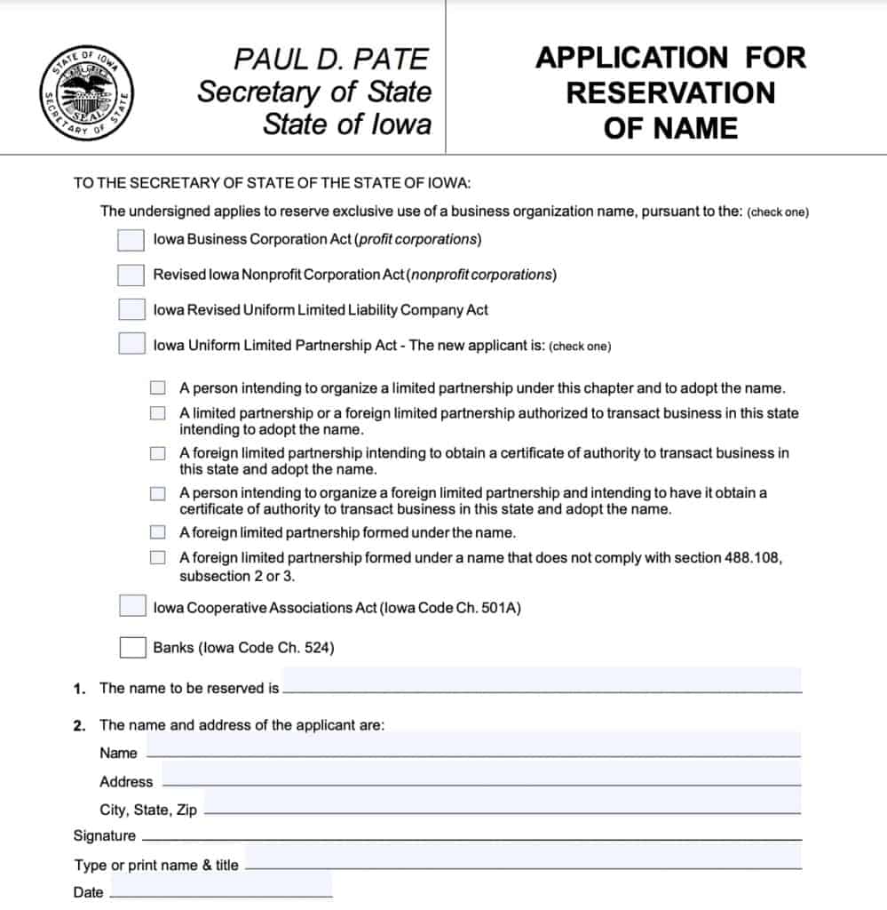 Iowa LLC name registration form