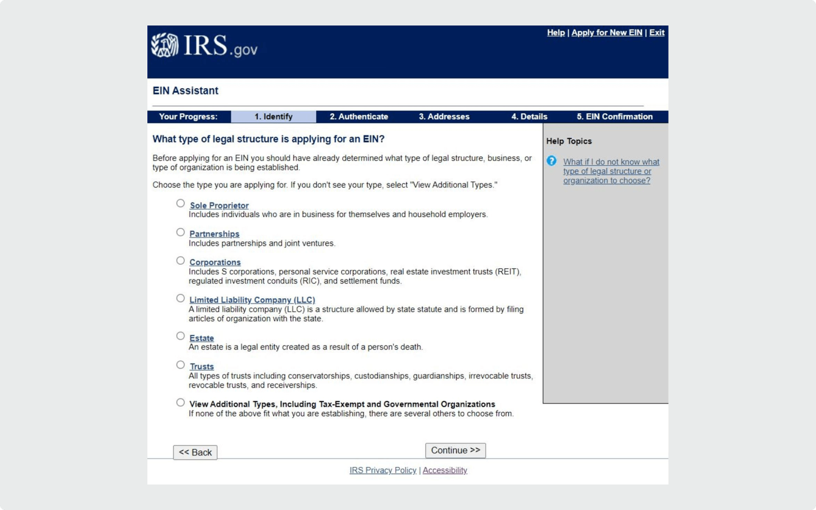 IRS EIN Online Application Step #1