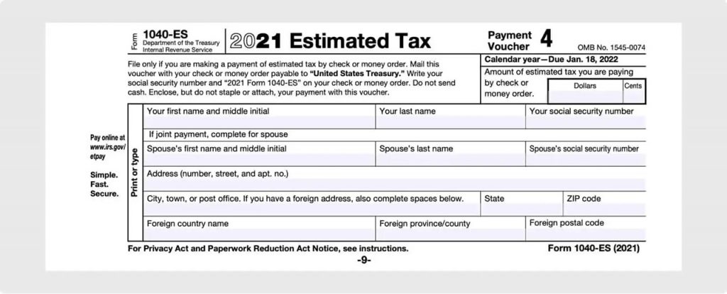 IRS estimated tax payment form 1040-ES