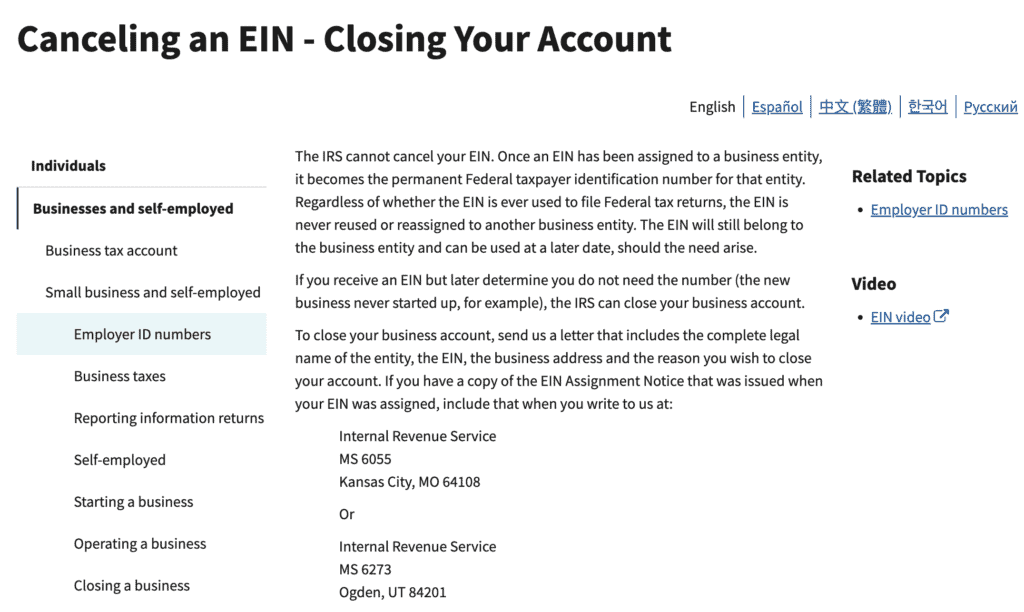 IRS guide for closing business