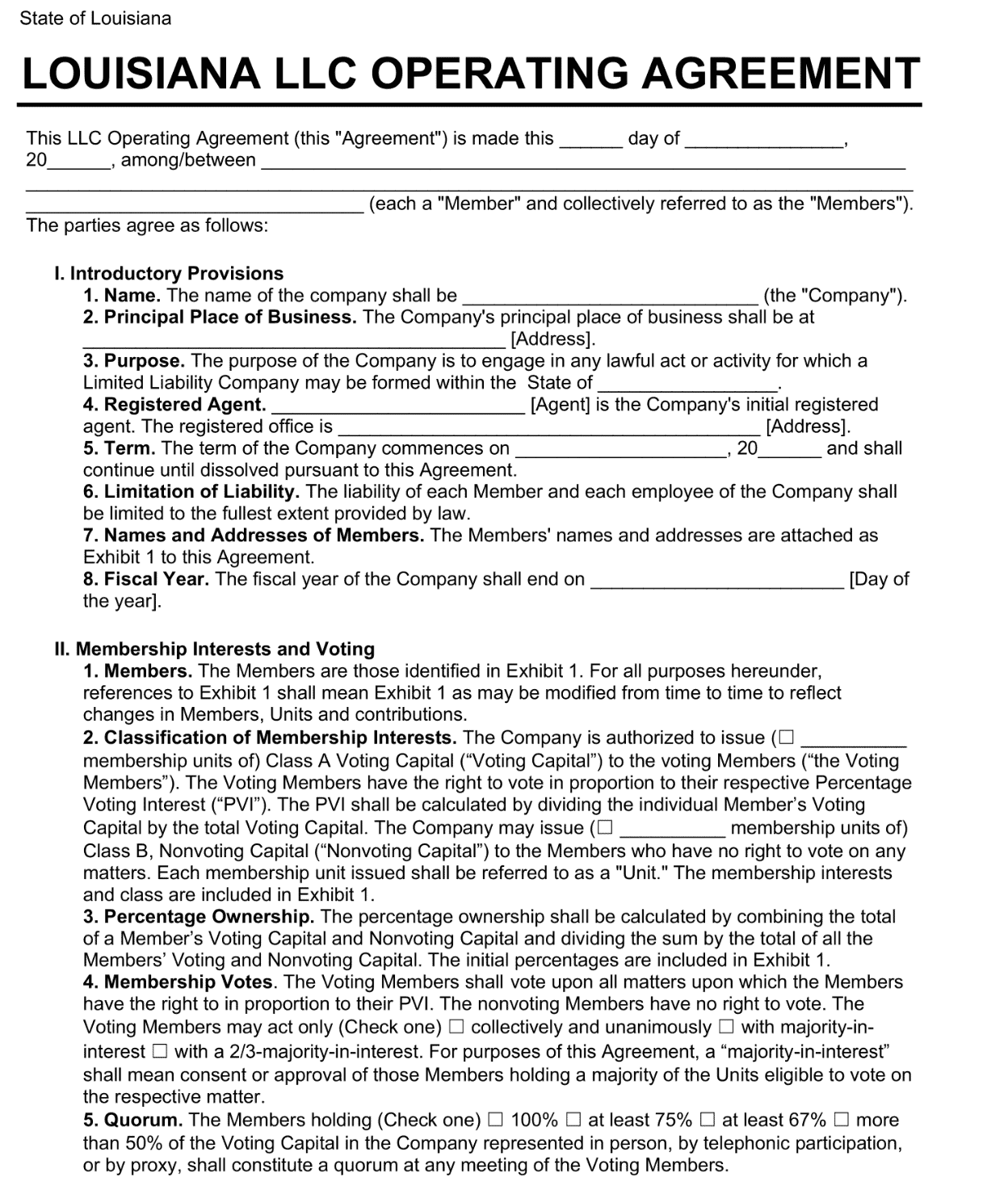 Louisiana LLC Operating Agreement