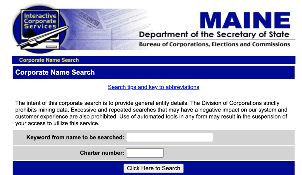 MAINE SECRETARY OF STATE BUSINESS NAME SEARCH