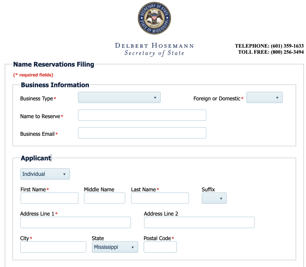 MS LLC name reservation filing