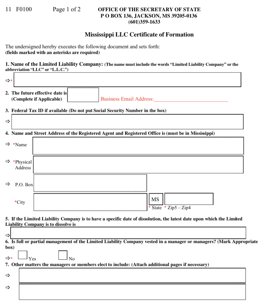 Mississippi LLC Certificate Of Organization