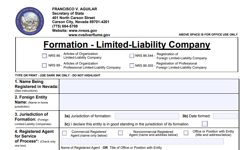 LLC Filing Form in Nevada