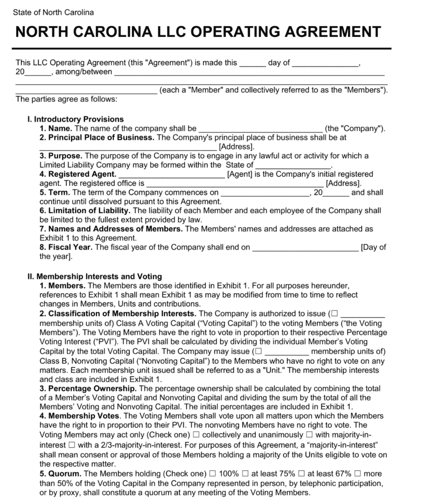 North Carolina Operating Agreement