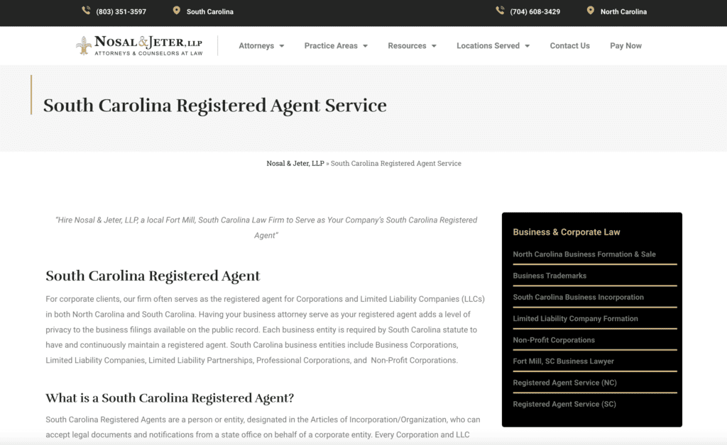 Nosal and Jeter registered agent service in SC