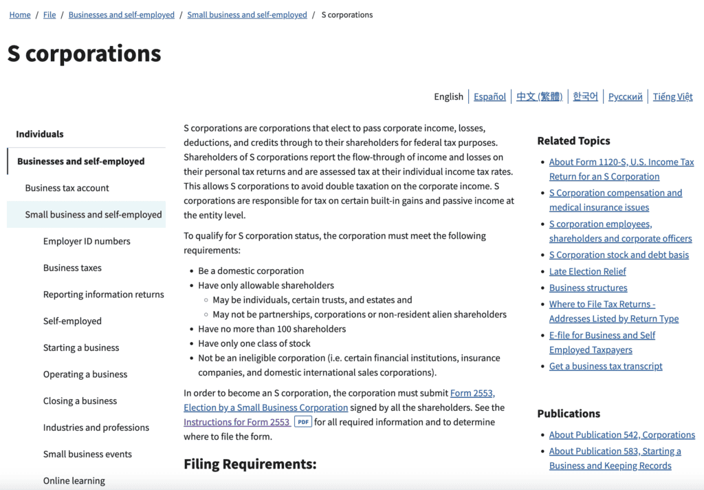 S Corporations - IRS info