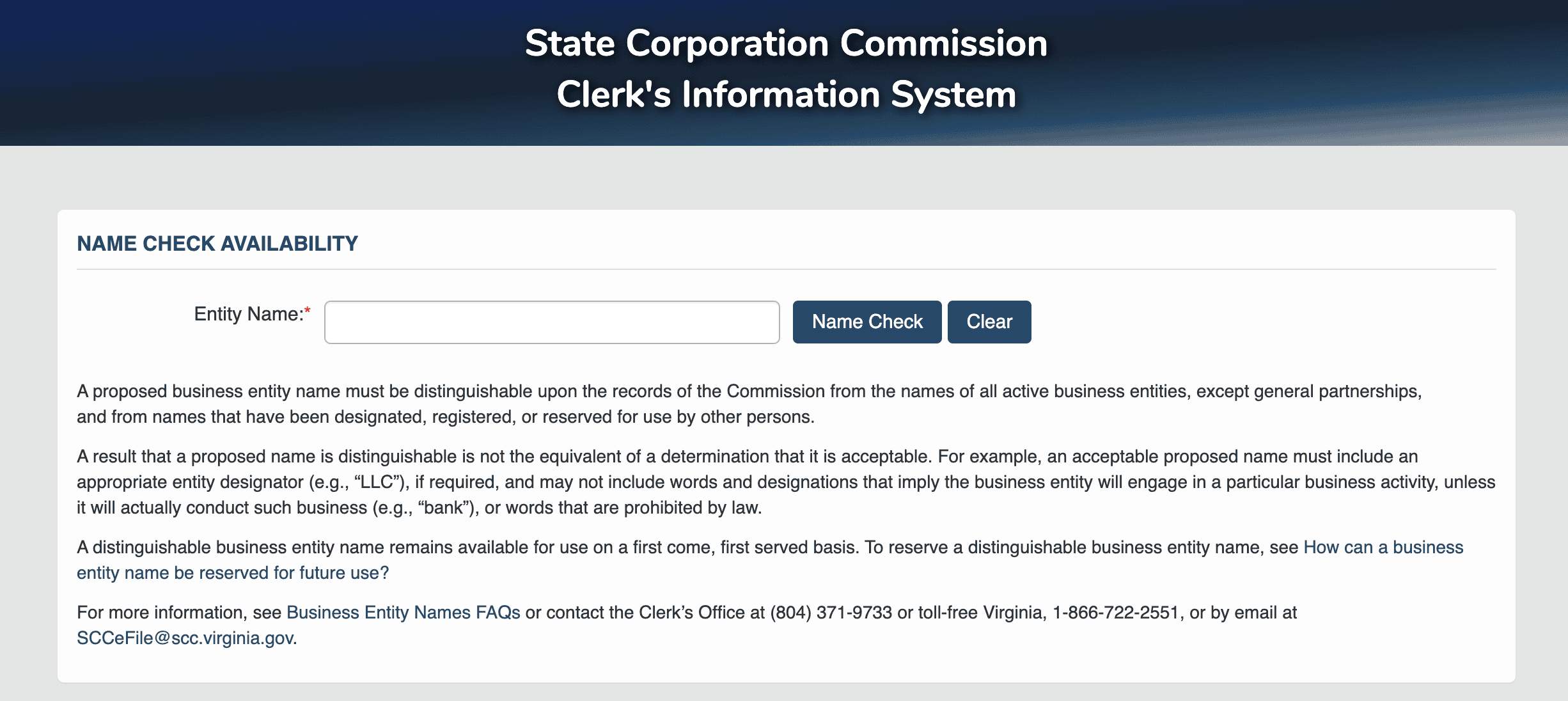 LLC name search in Virginia (SCC website)