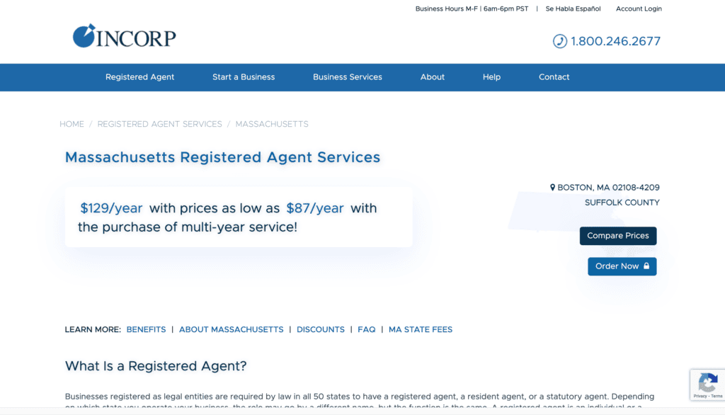 INCORP Services registered agent service in MA