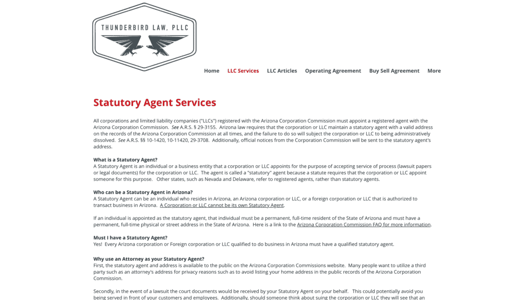 Thunderbird Law PLLC registered agent services in Arizona