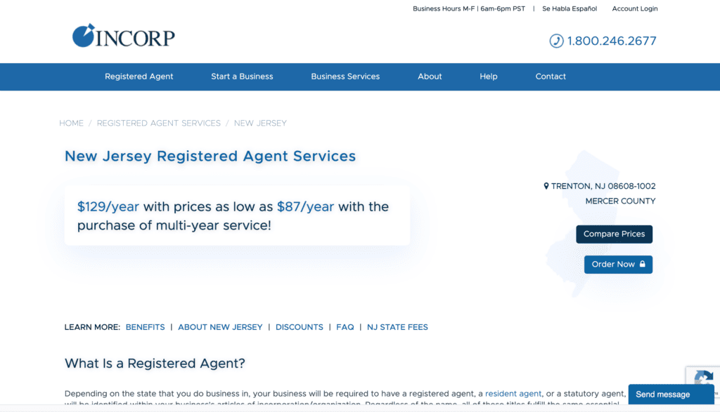 INCORP services registered agent service in NJ