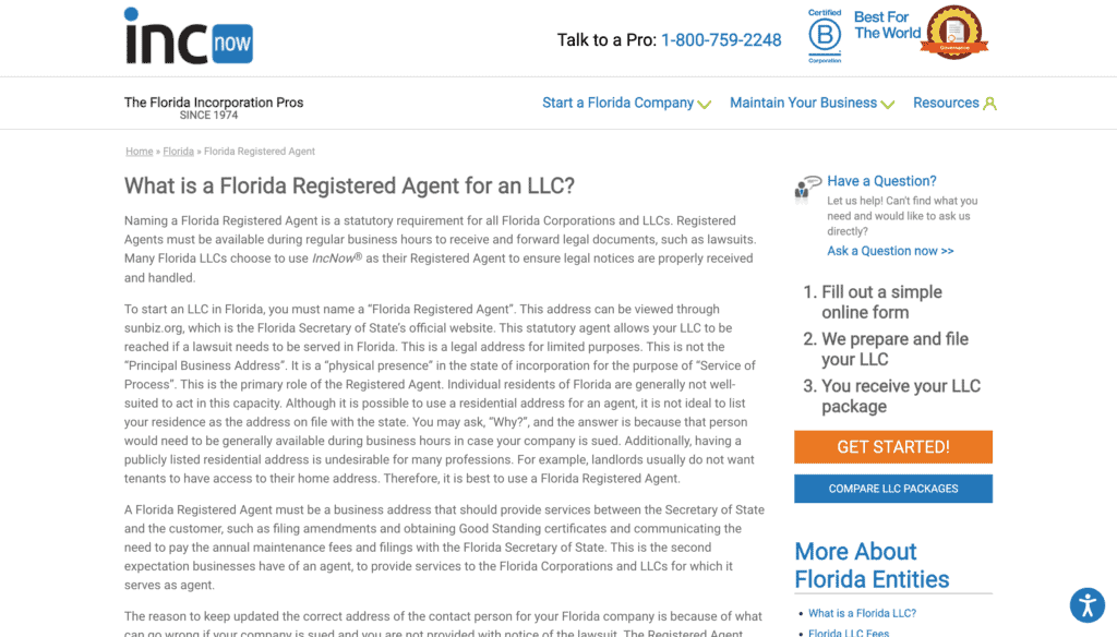 Inc Now registered agent service Florida