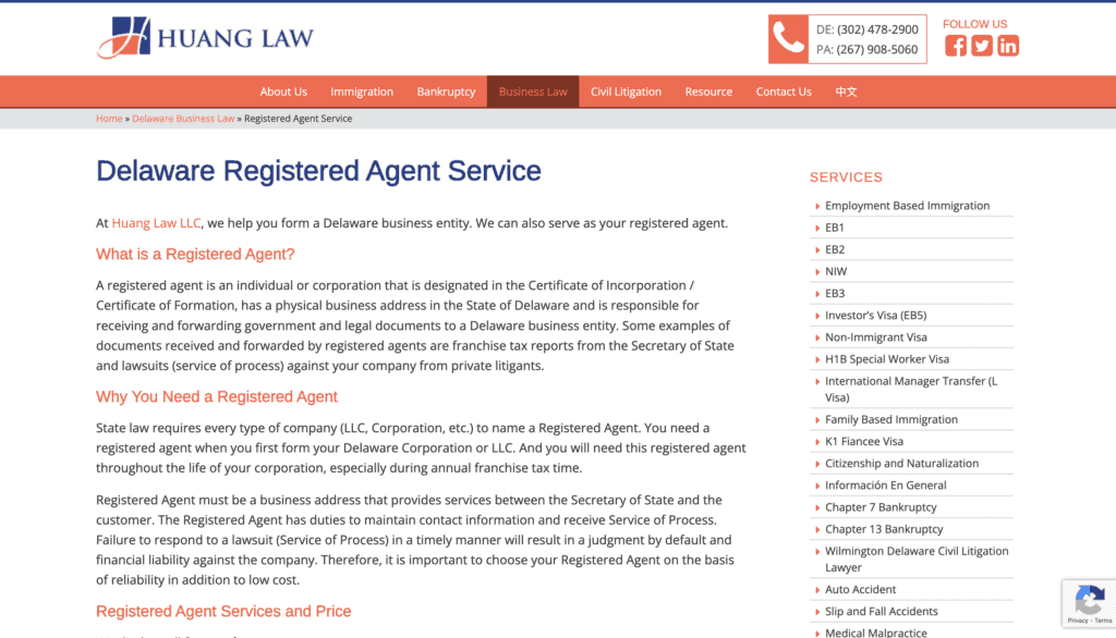 Huang Law registered agent service in Delaware