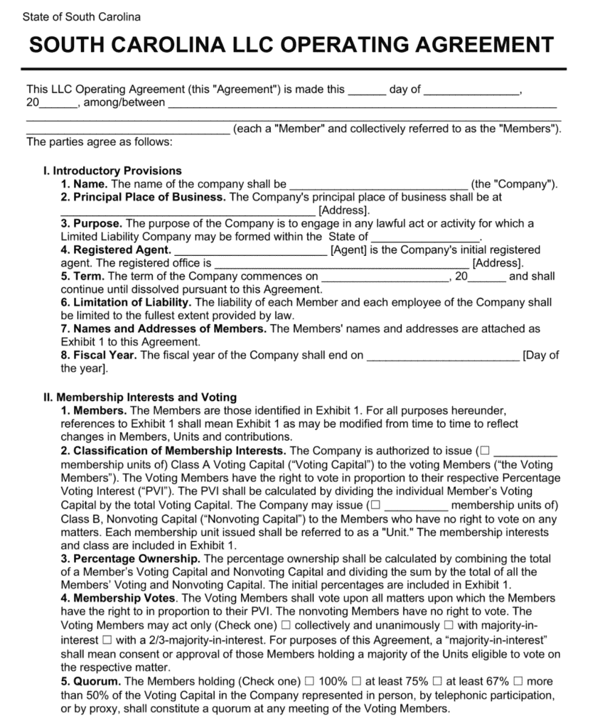 South Carolina Operating Agreement (Example)