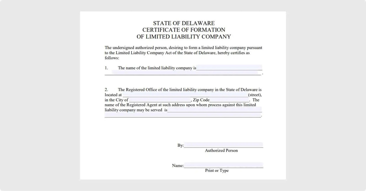 State of Delaware certificate of formation of limited liability company