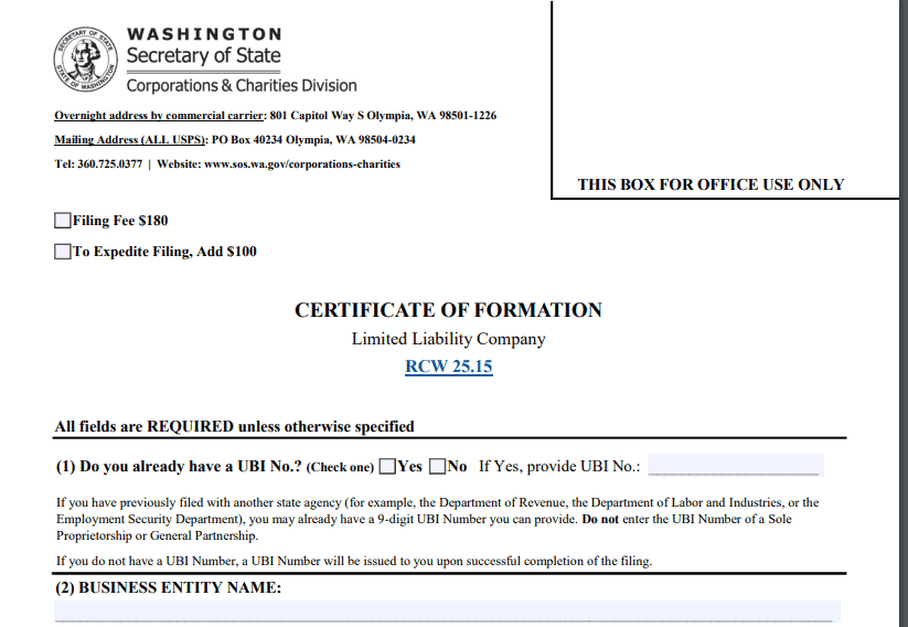 Certificate of formation in Washington