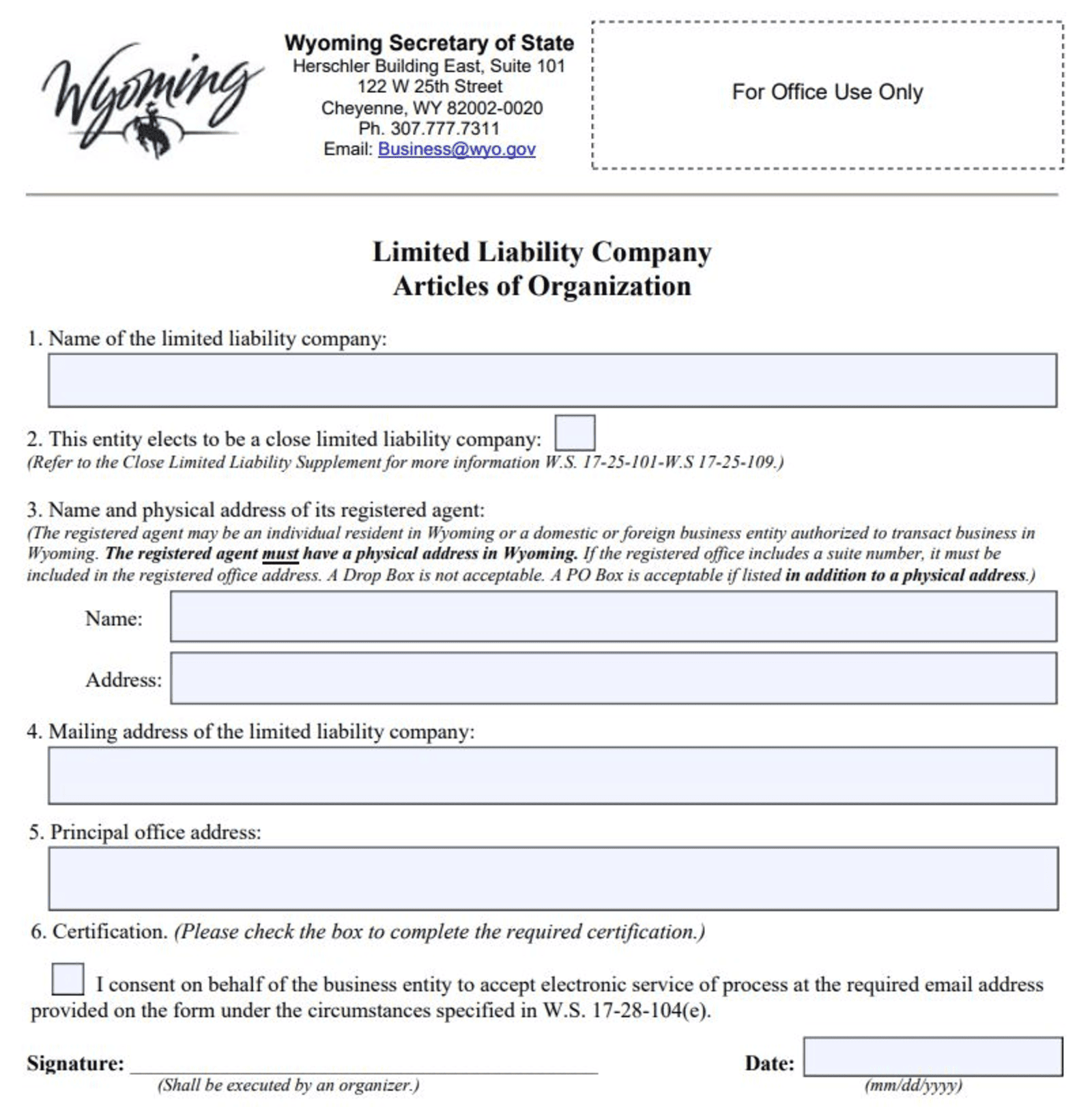 Wyoming Articles of Organization. Source: Wyoming Secretary of State