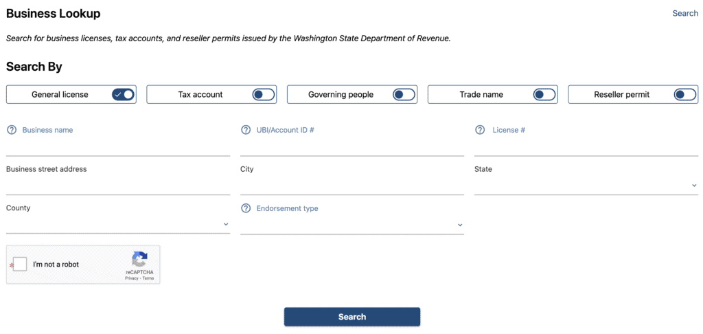 business name lookup in Washington state portal