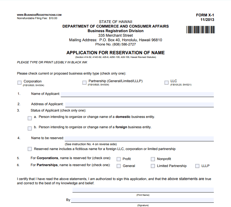 Application for Reservation of Name - Hawaii