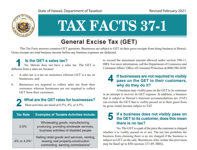 Tax Facts Sheet - Hawaii