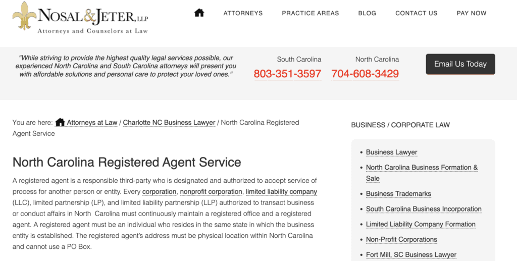 Nosal & Jeter registered agent service in NC