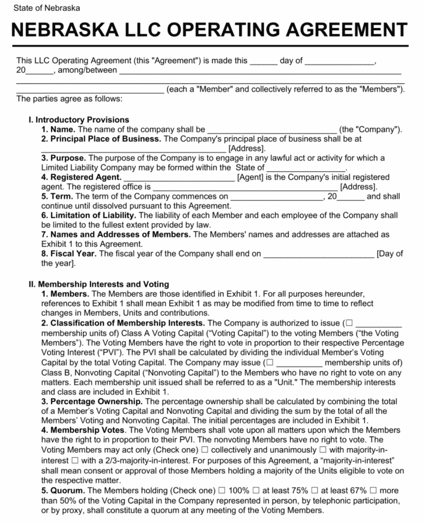 operating agreement in Nebraska