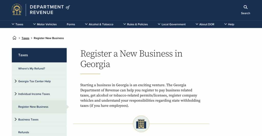 Register a new business in Georgia registration page