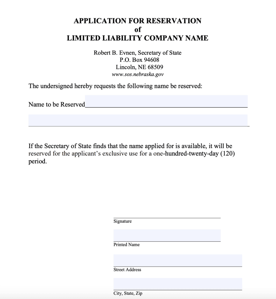 Reserving name for LLC in Nebraska