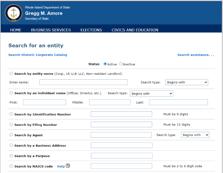 Rhode Island business entity search