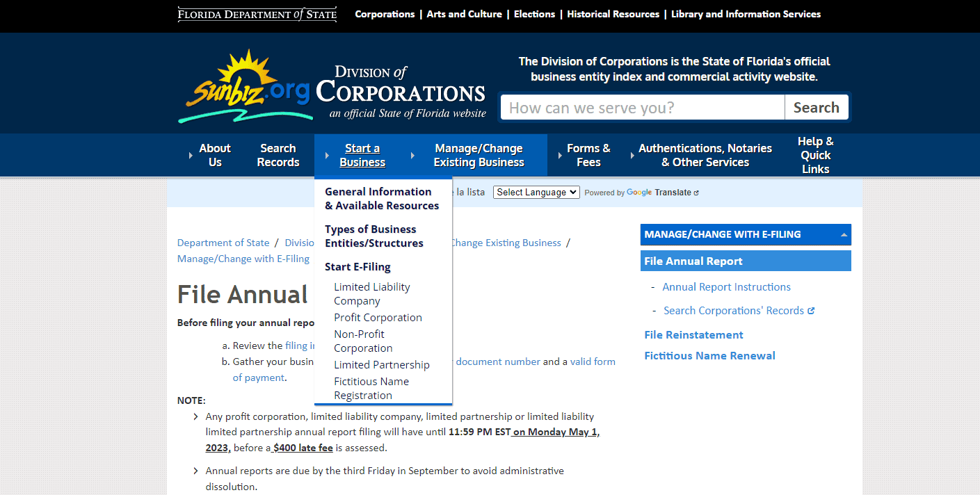 Annual Report fees in Florida