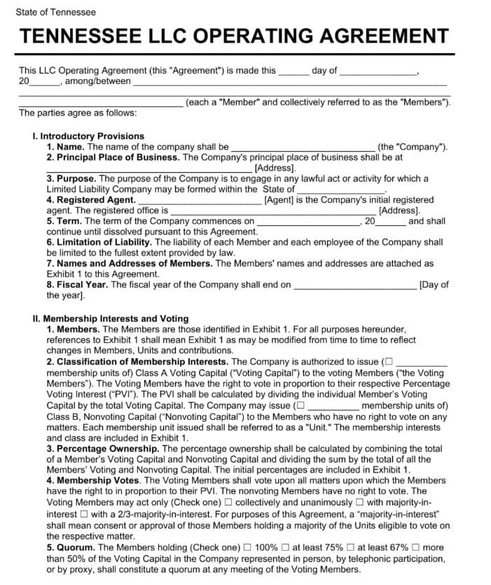 tennessee llc operating agreement