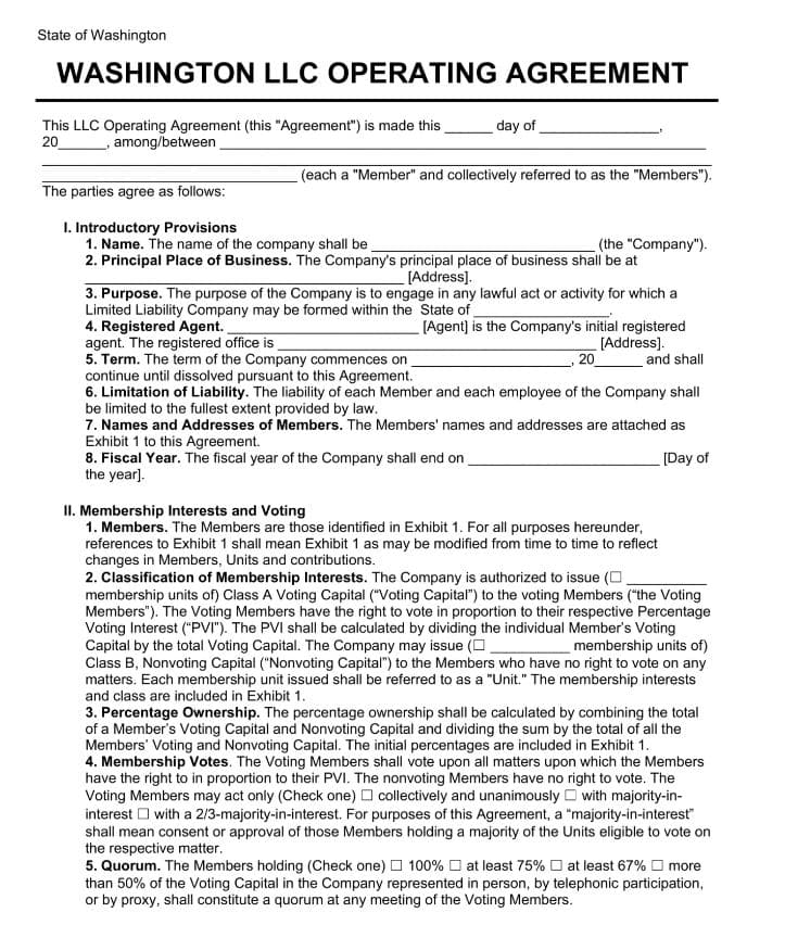 Washington LLC operating agreement